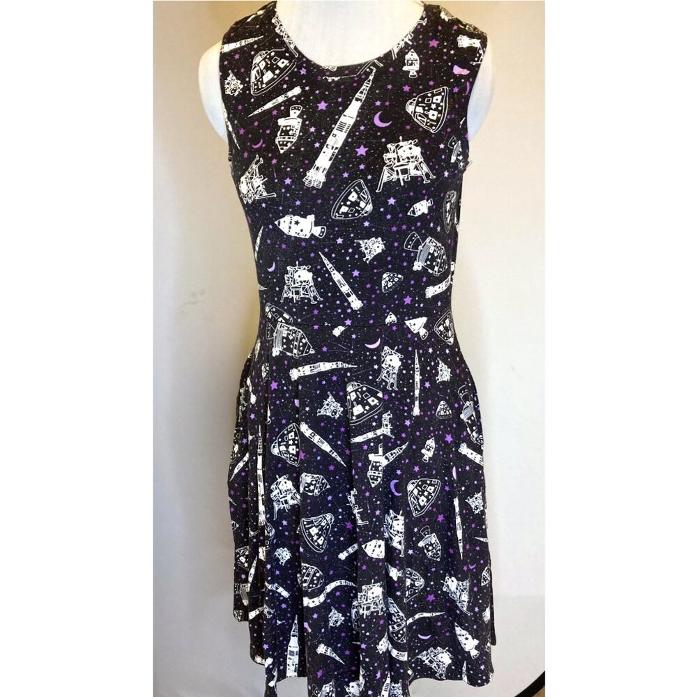 Princess Awesome navy dress with white spaceships and purple stars